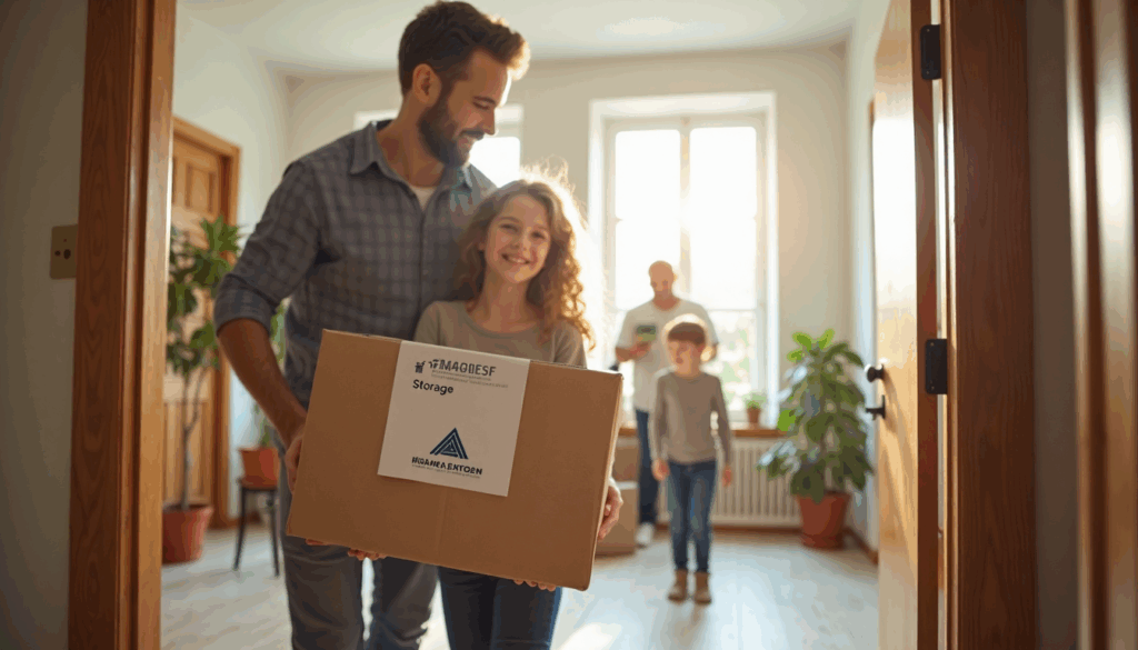 Family moving boxes before home renovation with visible storage label