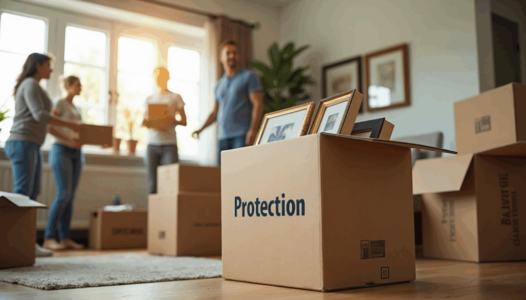 Family and movers pack home with labeled 'Protection' box for moving