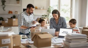 Military family planning a move around table with boxes and laptops