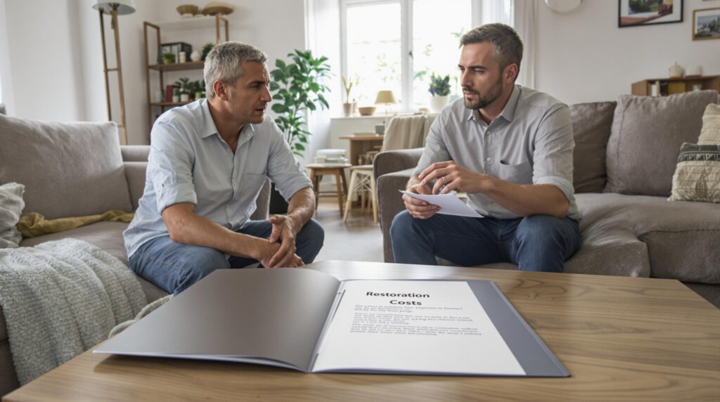 Homeowner consulting with restoration expert in water-damaged living room