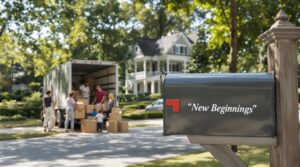 Family unloading boxes in front of South Carolina home with 'New Beginnings' on mailbox