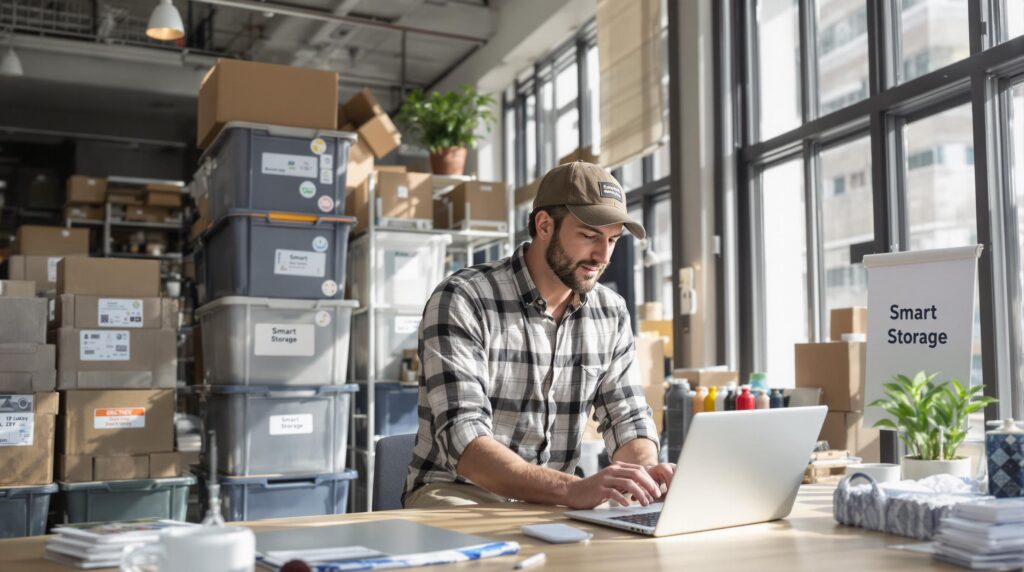 Small business owner managing digital and physical storage, with 'Smart Storage' text visible
