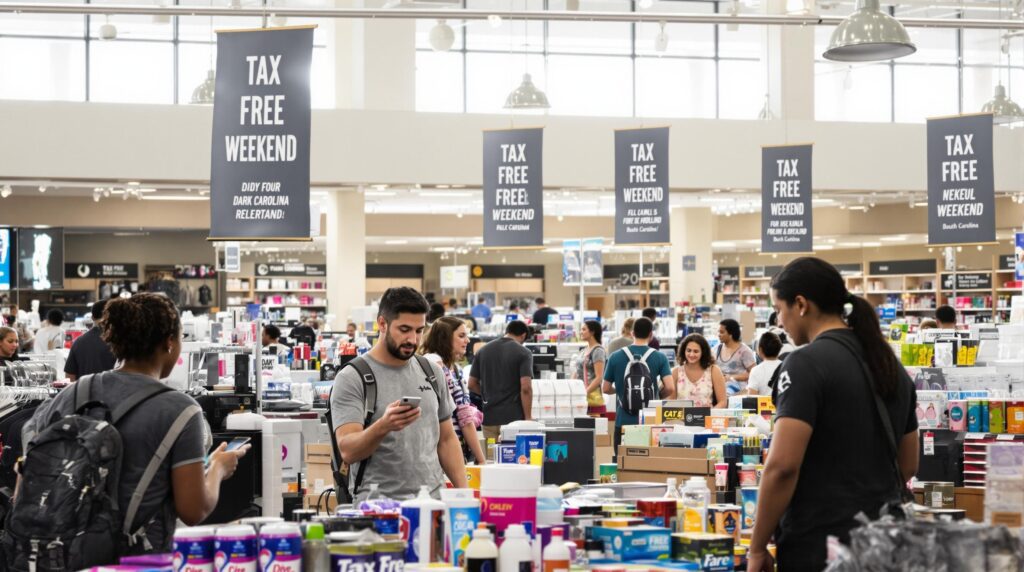 Families and students shopping during Tax Free Weekend in a busy store