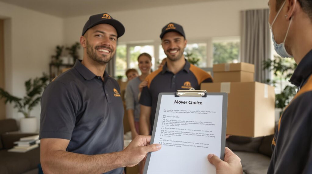 Professional movers assist a family on moving day with visible checklist titled 'Mover Choice'
