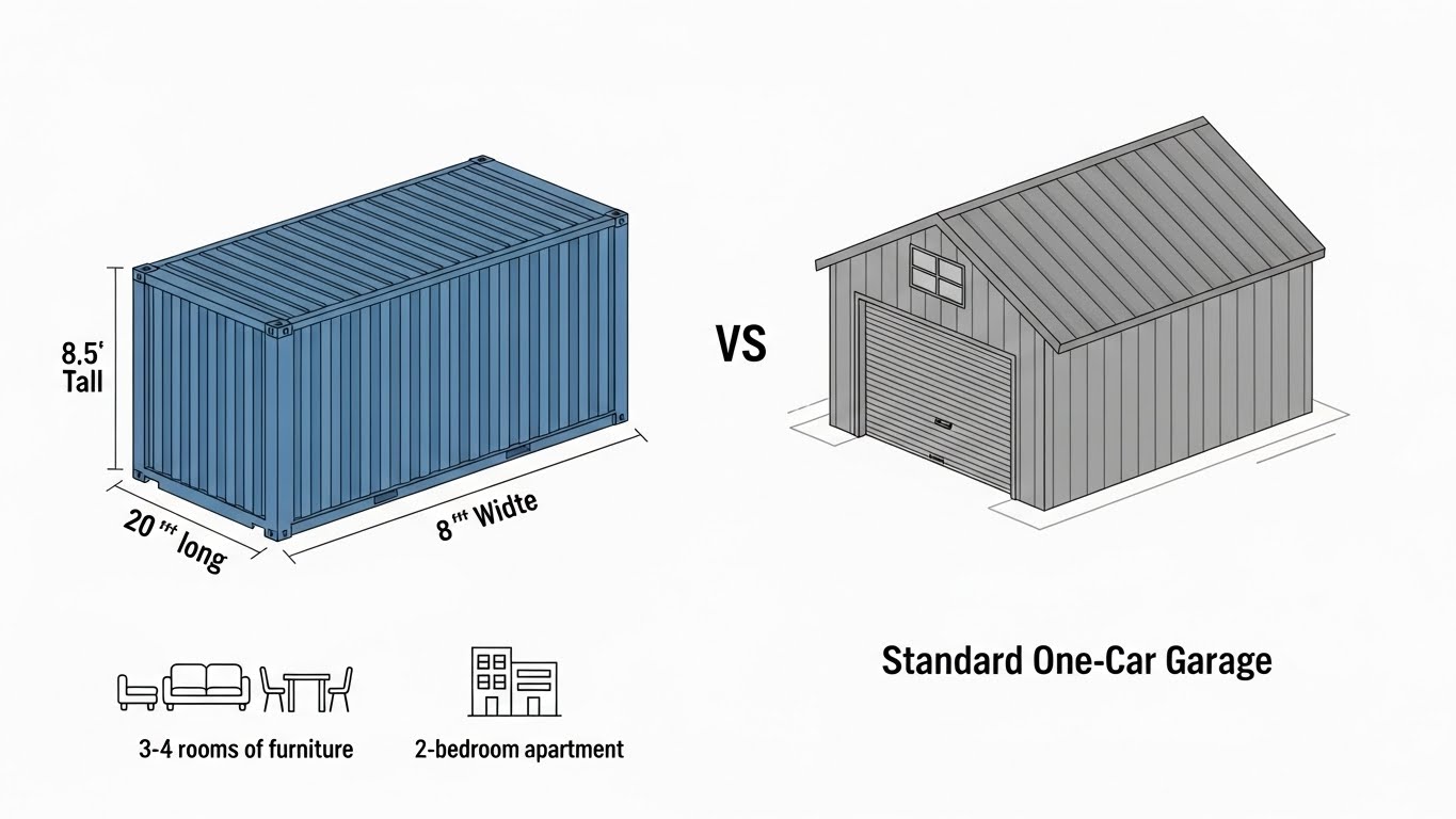 Storage space comparison 20ft container vs Standard one-car garage