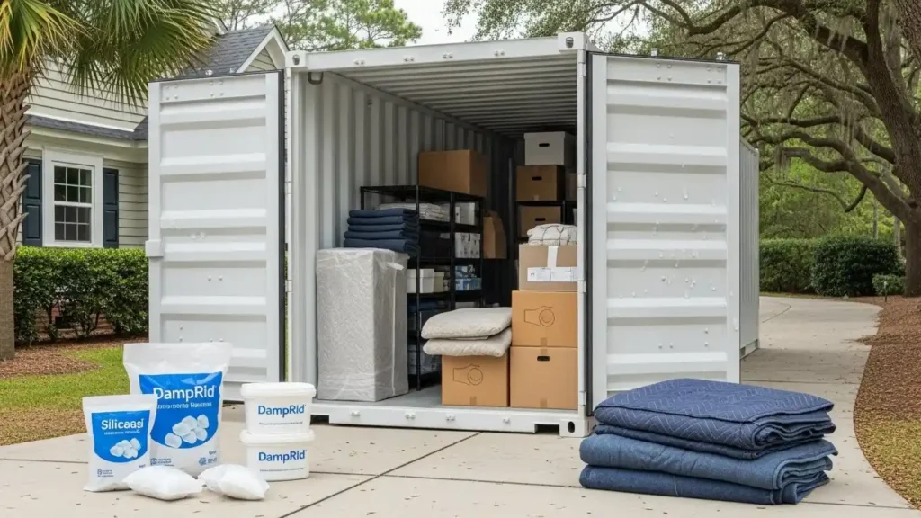 Paintings stored upright inside a moving truck.