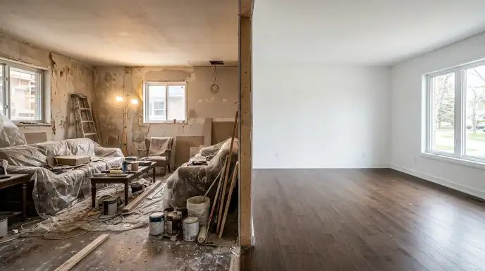 Comparison of damaged furniture left in renovation area versus safely stored furniture in storage unit