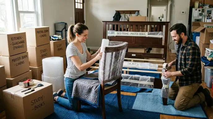Homeowner moving furniture out of a room during home renovation for safety and space
