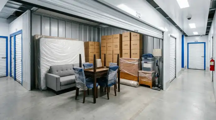 Clean and organized self storage unit with furniture safely stored during home renovation