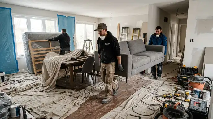 Furniture being removed from a home during renovation to protect it from dust and damage