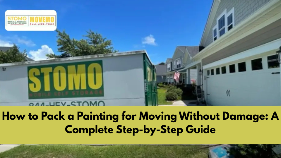 Person carefully packing a framed painting for moving using protective materials.